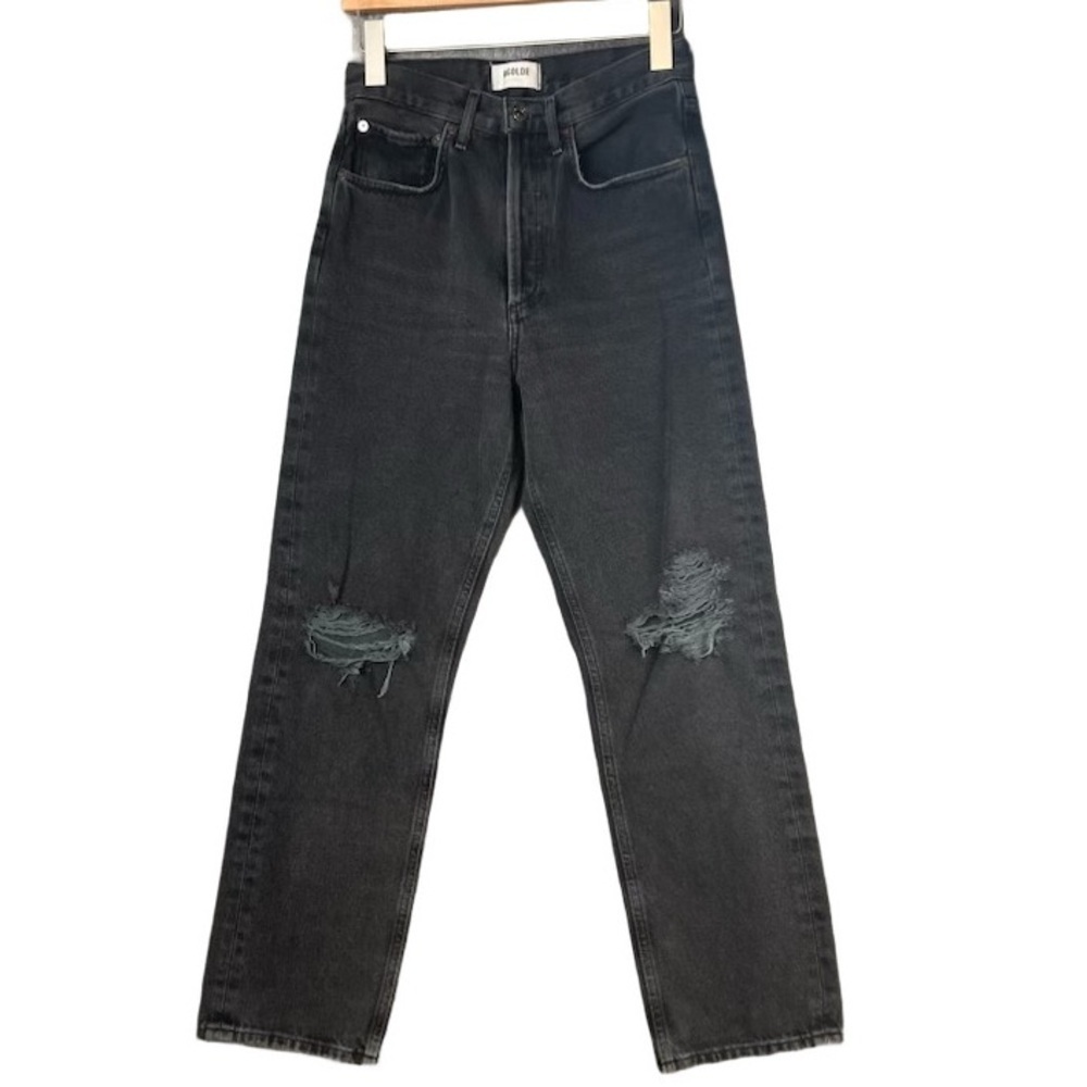 AGOLDE 90s Pinch Waist Black Distressed High Rise Straight Leg Jeans 25 W 27 L